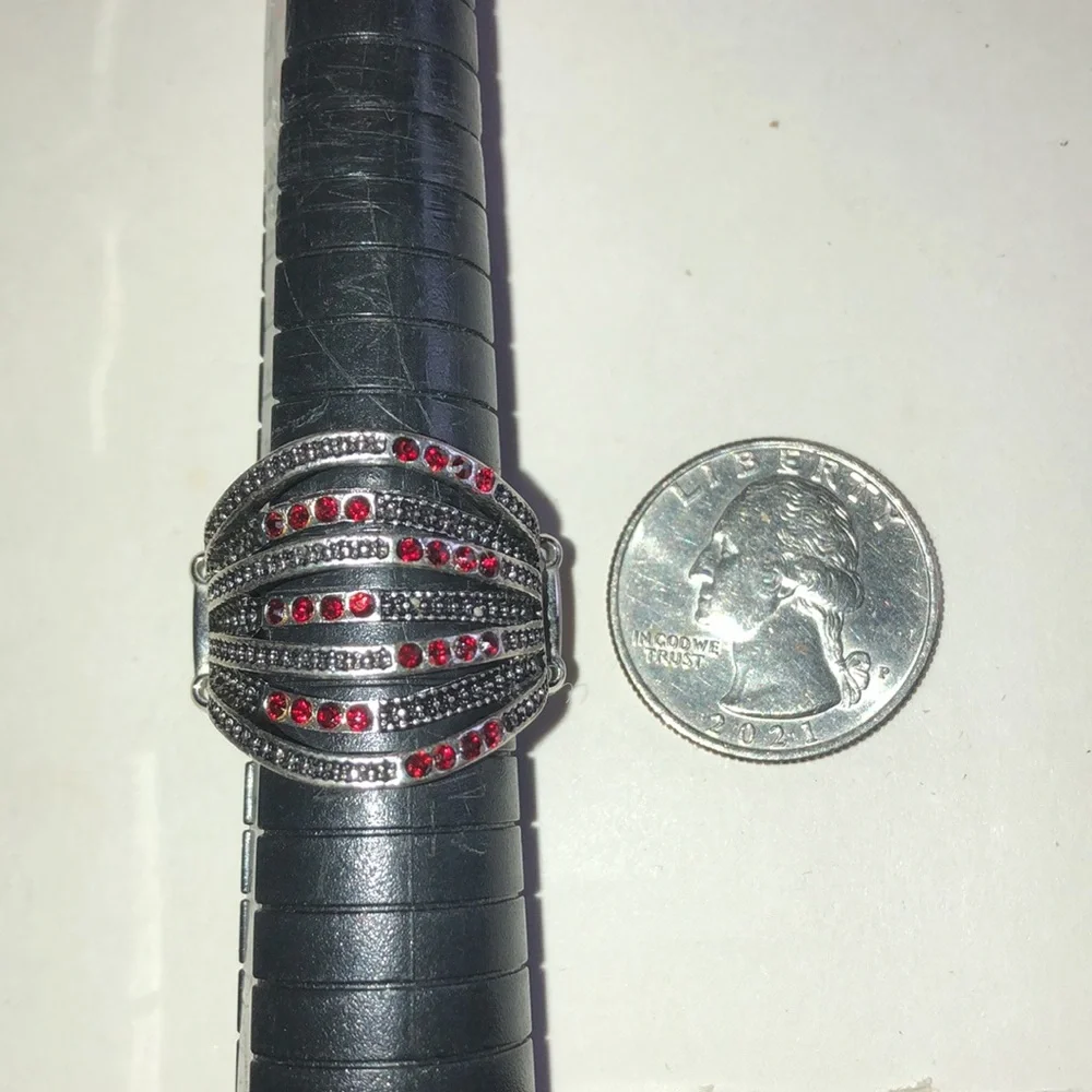 Silver Tone Multi-Row Ring with Red Crystal Accents